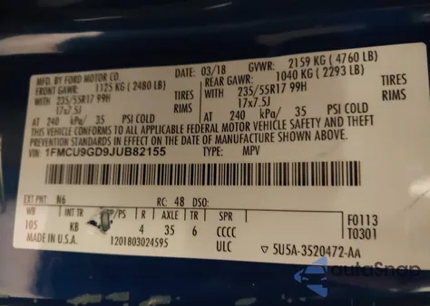 2018 Ford Escape Se z USA, uszkodzony, nr VIN 1FMCU9GD9JUB82155